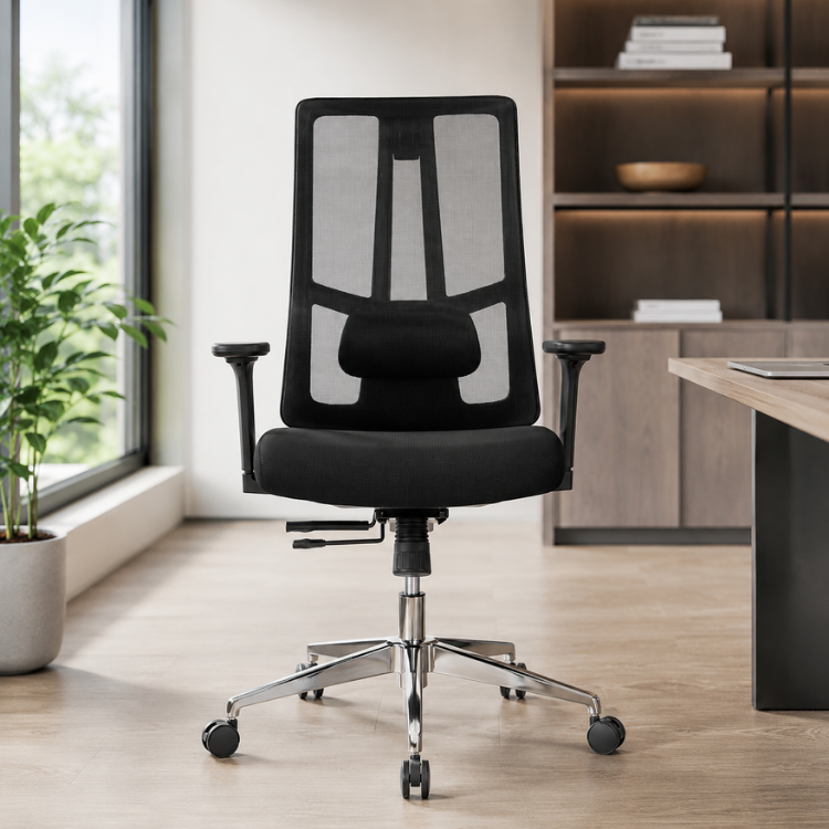 A black ergonomic office chair with a mesh backrest and silver metal base stands in a modern office space.