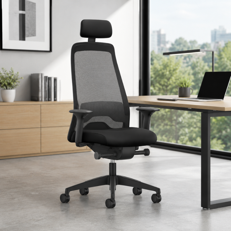 A black ergonomic office chair with a mesh back and headrest stands on a concrete floor in a modern home office.
