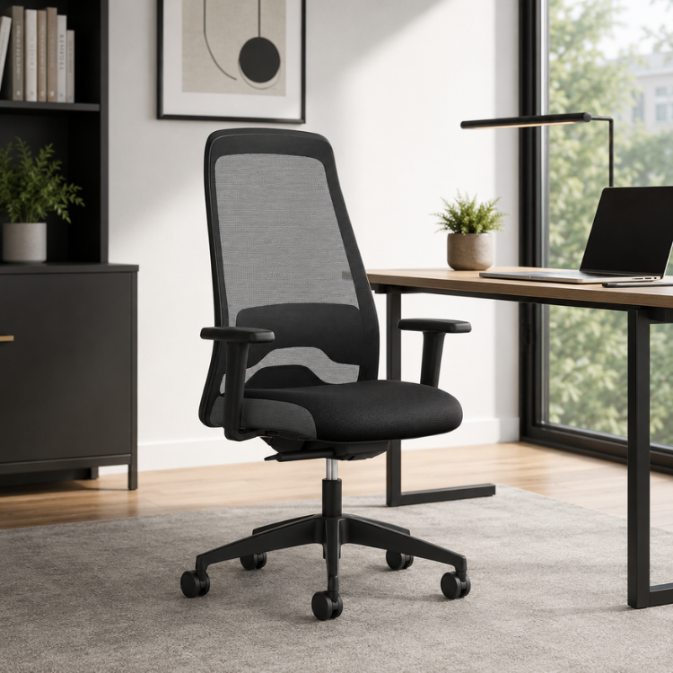 A black ergonomic office chair with a mesh back stands on a rug in a modern home office.