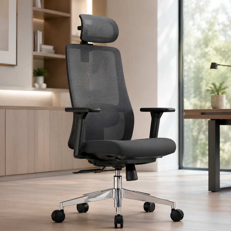 A grey ergonomic office chair with a mesh back, headrest, and chrome base in a modern office interior.